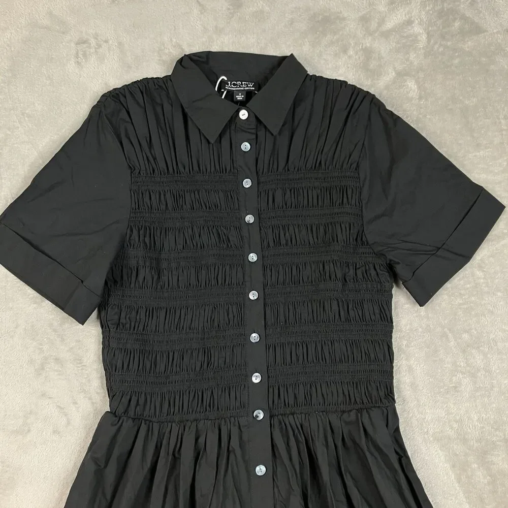 J Crew Elsie Shirt Dress Womens S Black Cotton Poplin Smocked Button Up Preppy
